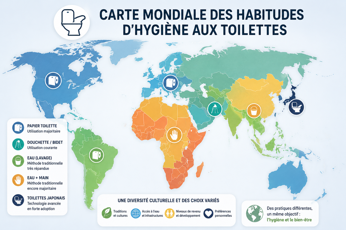 Carte mondiale des habitudes d'hygiène aux toilettes