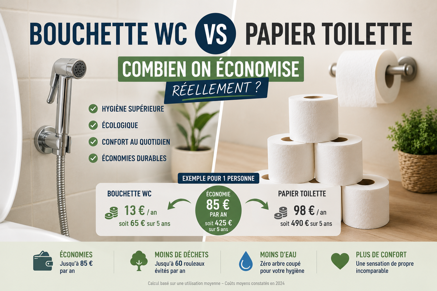 Douchette WC vs papier toilette — le vrai comparatif chiffré