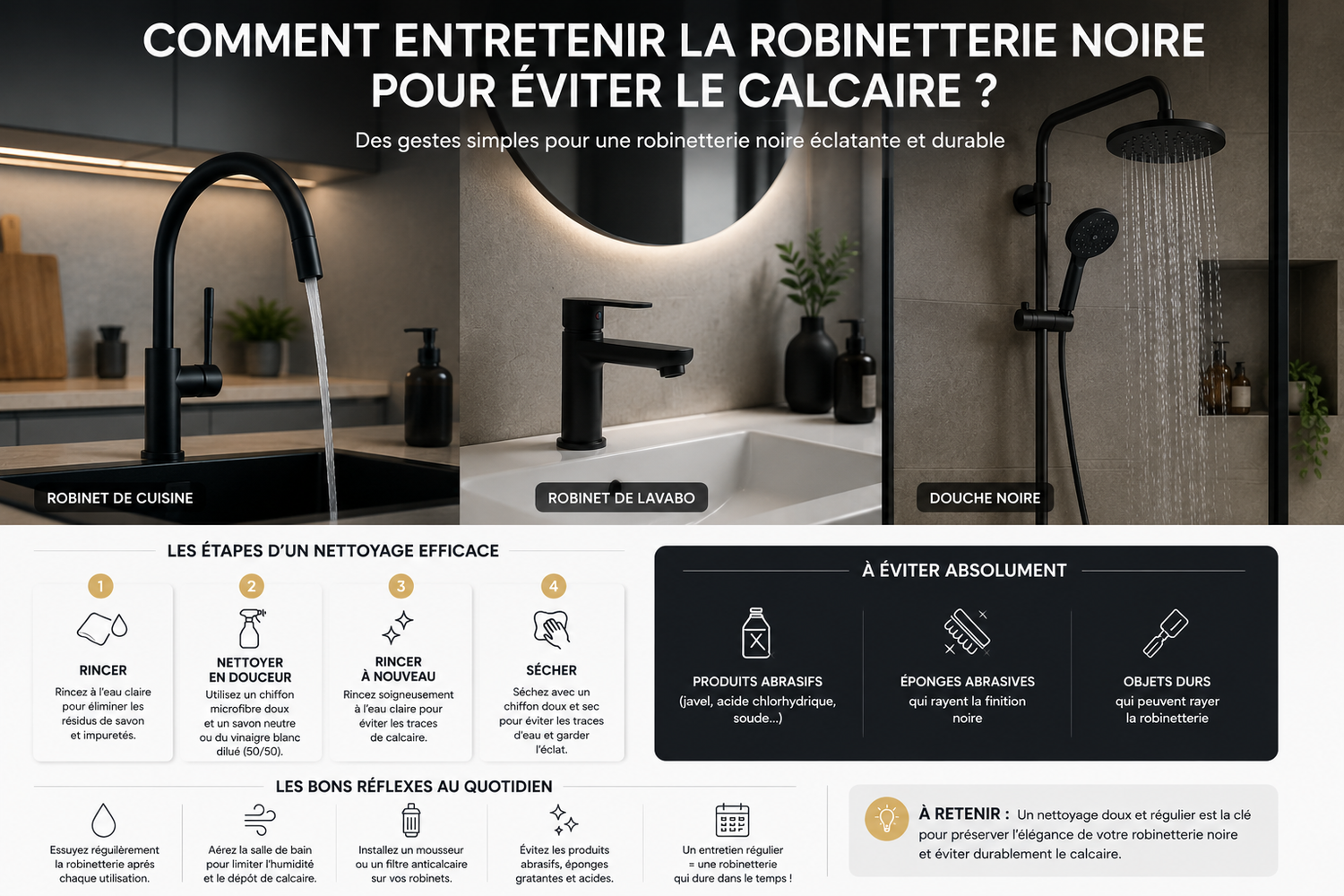 Entretenir une robinetterie noire pour éviter le calcaire