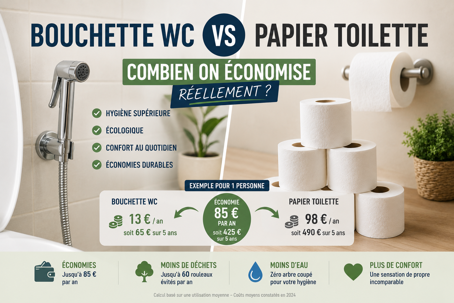 Douchette WC vs papier toilette — le vrai comparatif chiffré